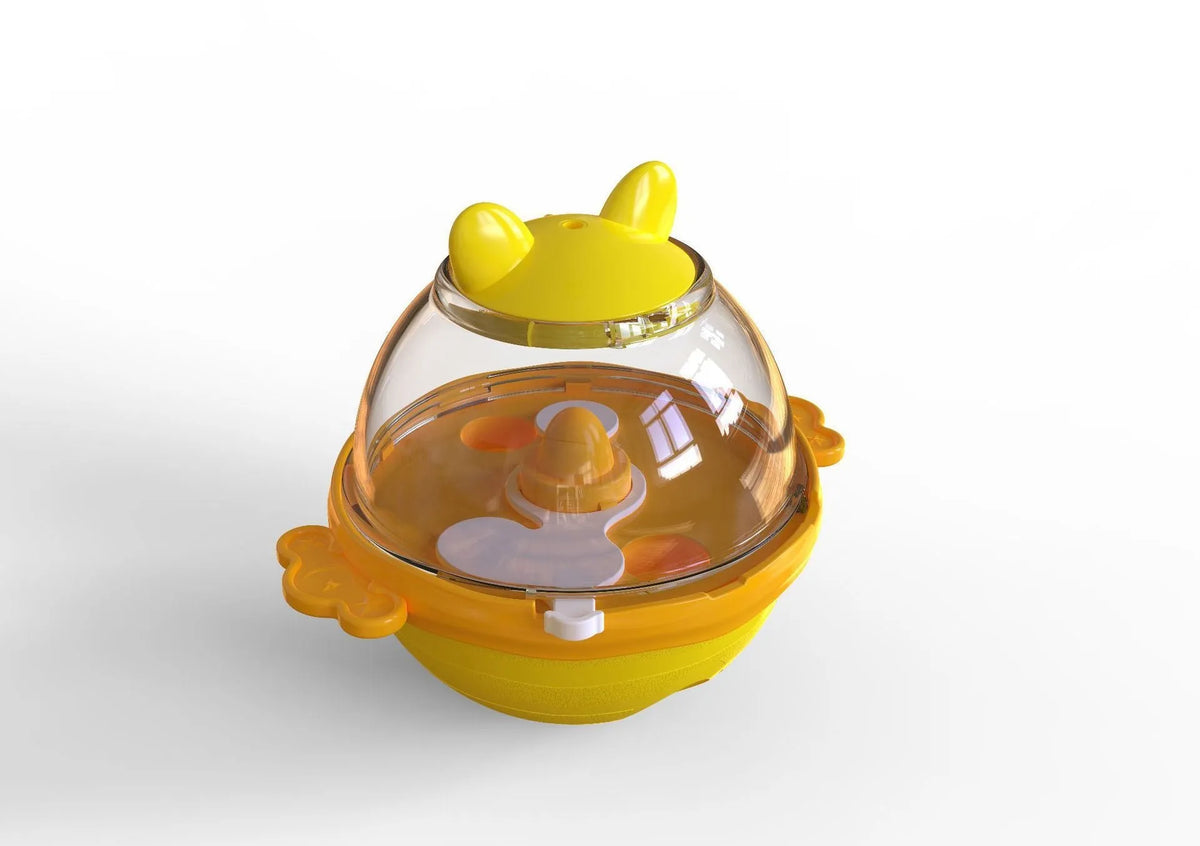Yellow TPR dog leakage feeder puzzle toy for slow feeding, shown next to lake blue version.