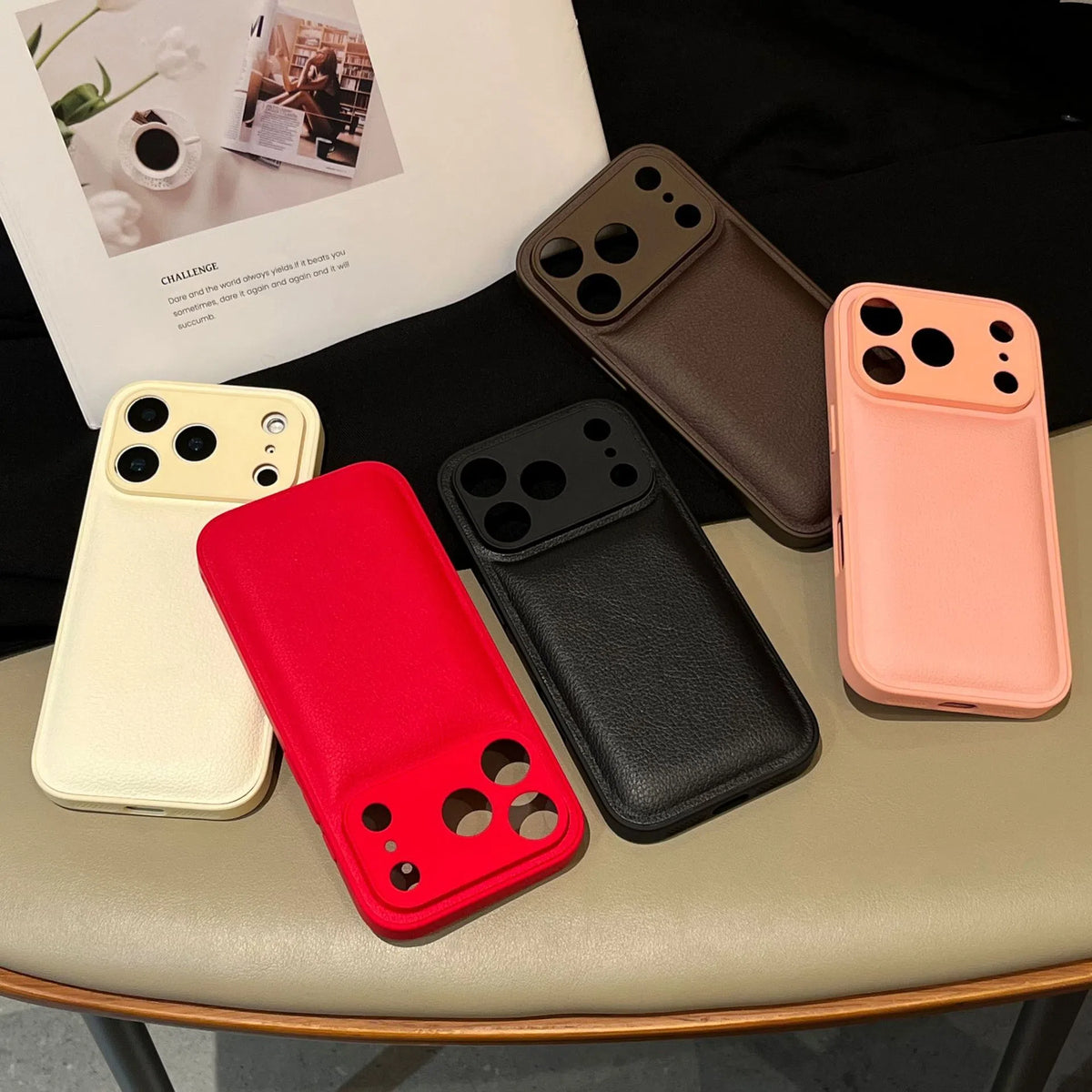 Litchi grain leather iPhone case with PC anti-fall shell, black brown or white, for iPhone 15 16 17 Pro Max
