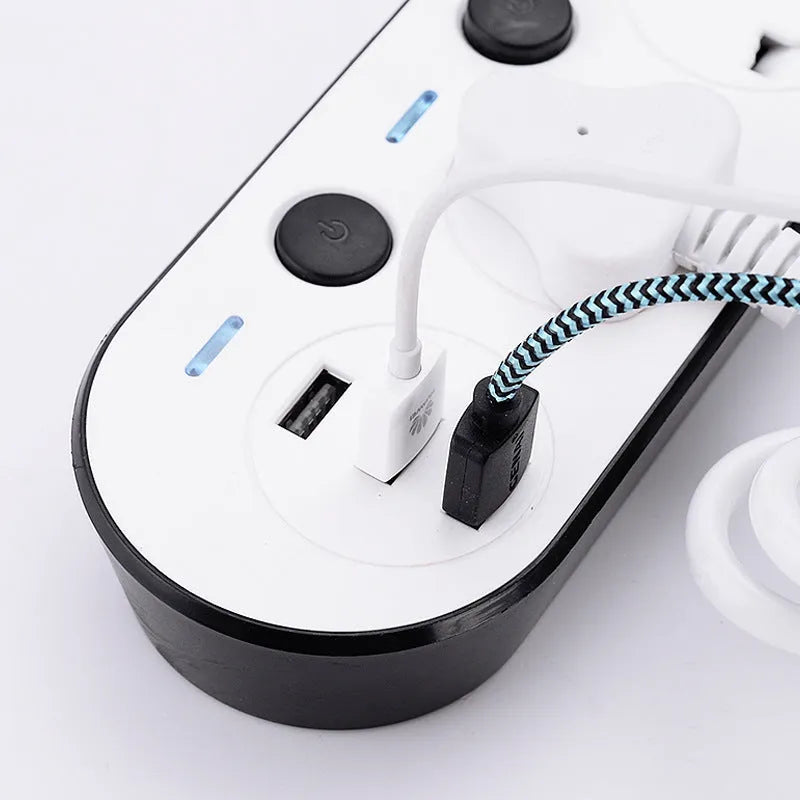 International power strip with multiple switches and USB charging ports