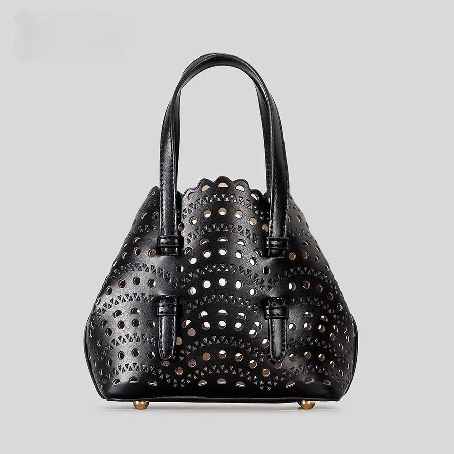 Hollow carved PU messenger tote bag with three straps in horizontal square shape