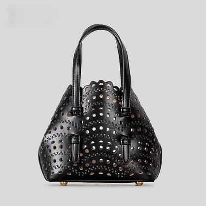 Hollow carved PU messenger tote bag with three straps in horizontal square shape