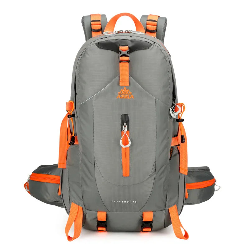 AZELA Electron 40L hiking backpack in white and navy with multiple compartments and adjustable straps