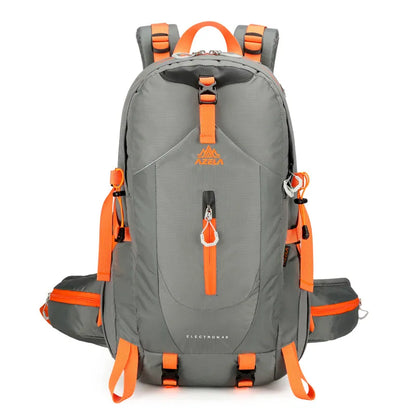 AZELA Electron 40L hiking backpack in white and navy with multiple compartments and adjustable straps