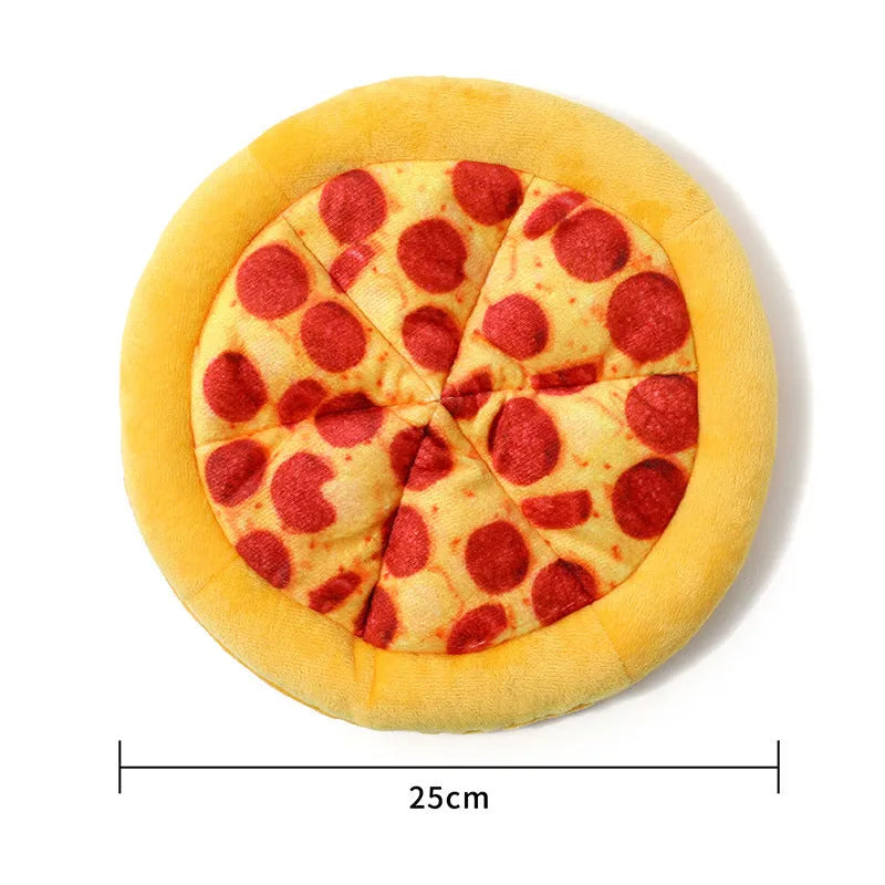 Bright yellow squeaky dog toy shaped like a pizza slice with a soft teddy fabric surface