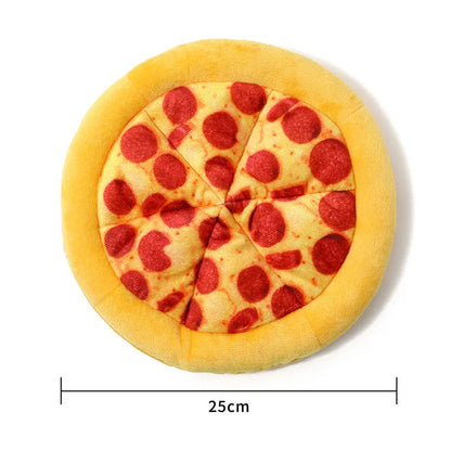Bright yellow squeaky dog toy shaped like a pizza slice with a soft teddy fabric surface