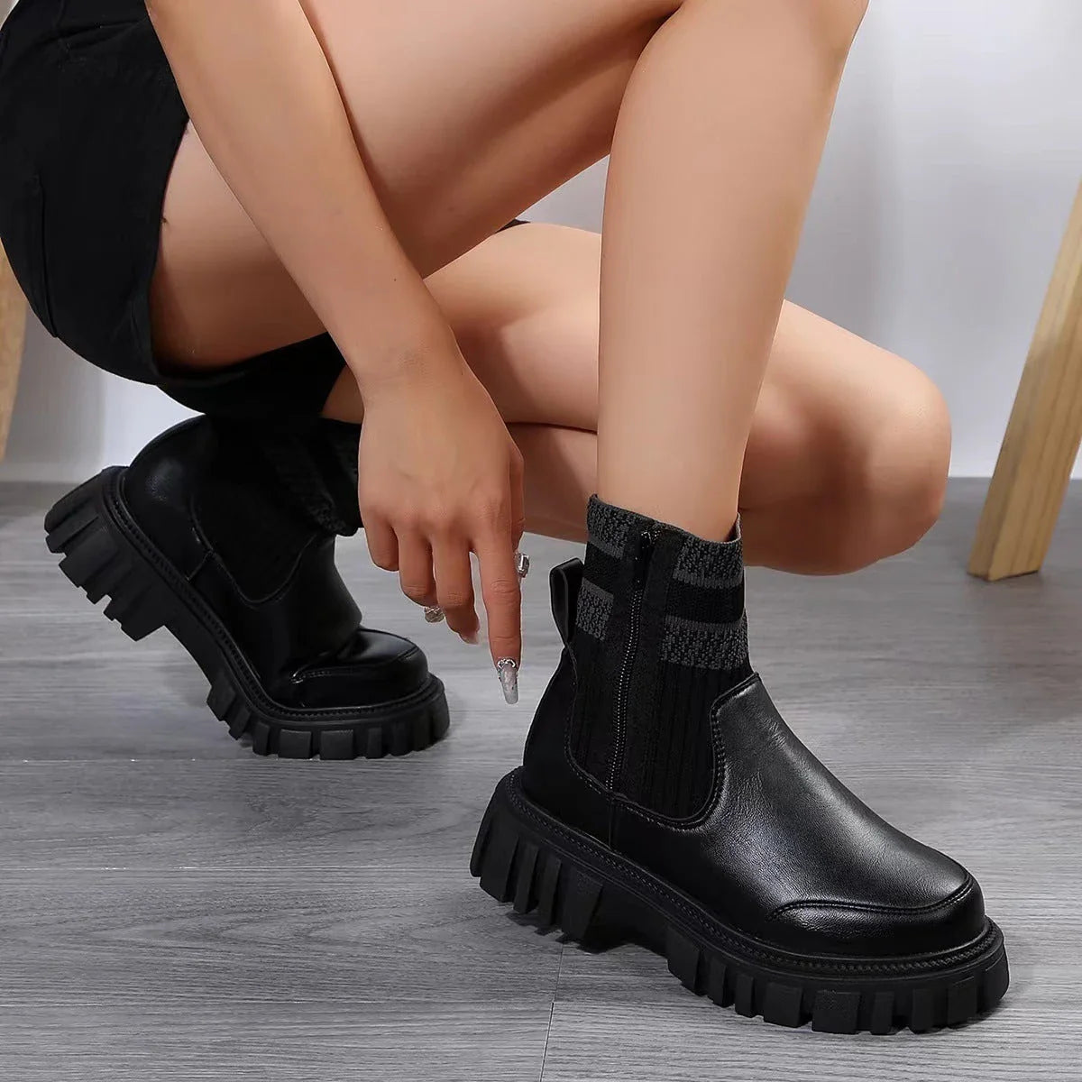 Stylish mid-calf boots with zipper design, non-slip thick sole, and elastic knitted patchwork upper for women's winter wear