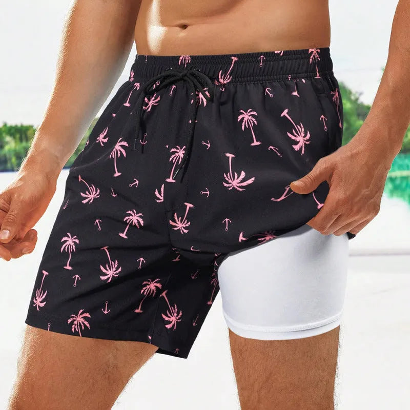 Men's loose quick-drying boxer swimming trunks in spandex fabric with various colour patterns