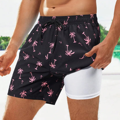 Men's loose quick-drying boxer swimming trunks in spandex fabric with various colour patterns