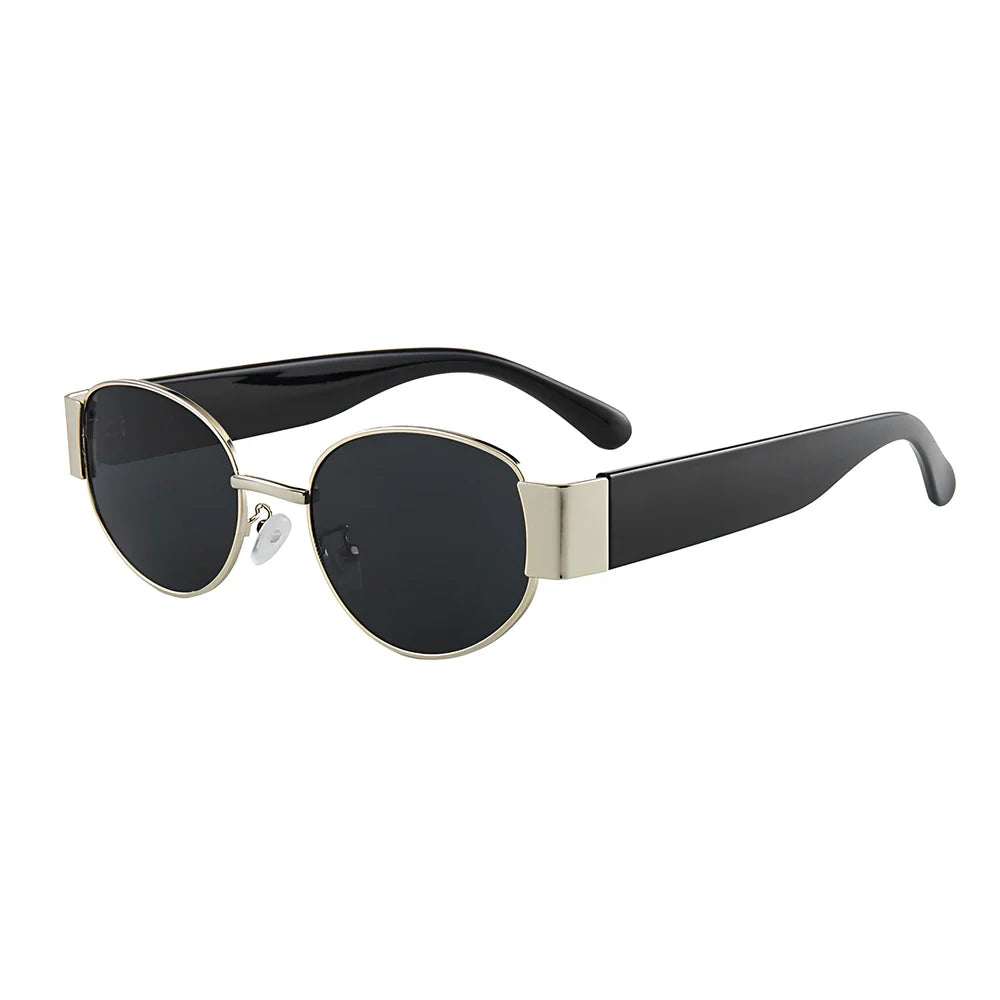 Small round sunglasses with gold frame and grey lenses, 50mm diameter with metal-reinforced construction