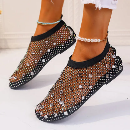 Women's flat sandals with mesh upper, colourful rhinestones, and rubber sole in sizes 35-43
