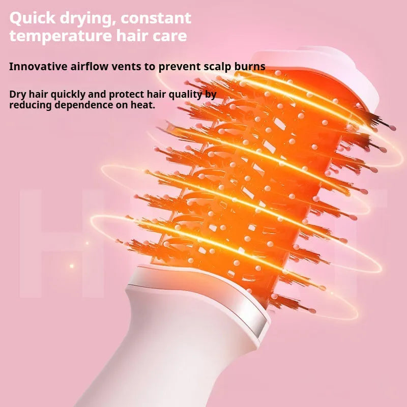 Pink multifunctional hair dryer with integrated comb and curling attachments