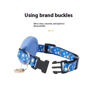 Adjustable cat collar with AirTag protective case in colour-matched design showing sizing options