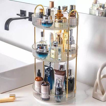 3-layer rotating cosmetic shelf in green, yellow, or white for bathroom organization