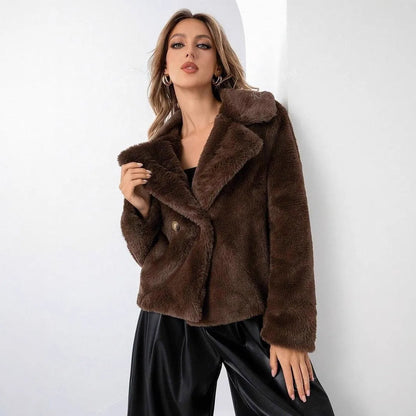 Women's loose short faux fur coat in rose red colour showing 50cm length and regular sleeves