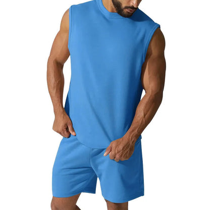 Men's sleeveless cotton blend sports suit set with shorts in multiple solid colour options
