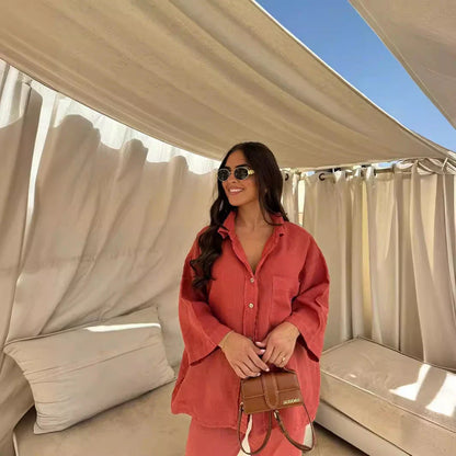 Women's stylish polyester lounge set with wide-leg pants and long-sleeved shirt in various colors