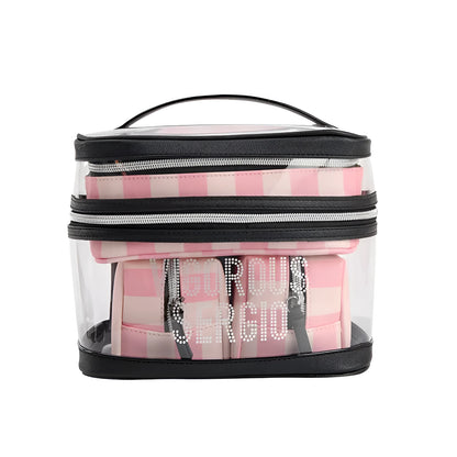 Pink and white floral pattern makeup bag with bold stripes, made from synthetic leather.
