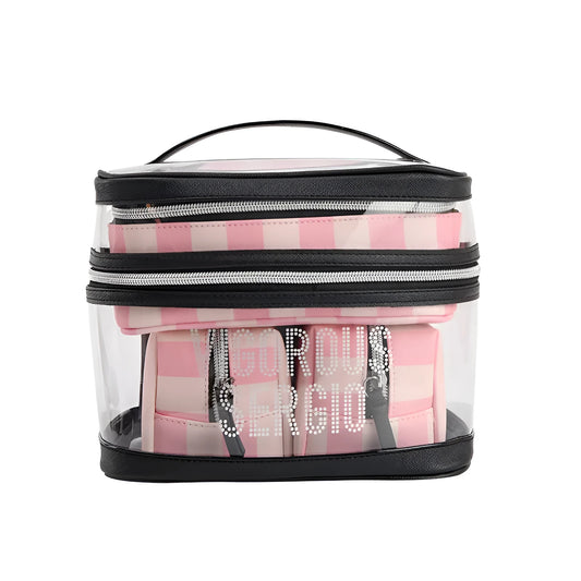 Pink and white floral pattern makeup bag with bold stripes, made from synthetic leather.