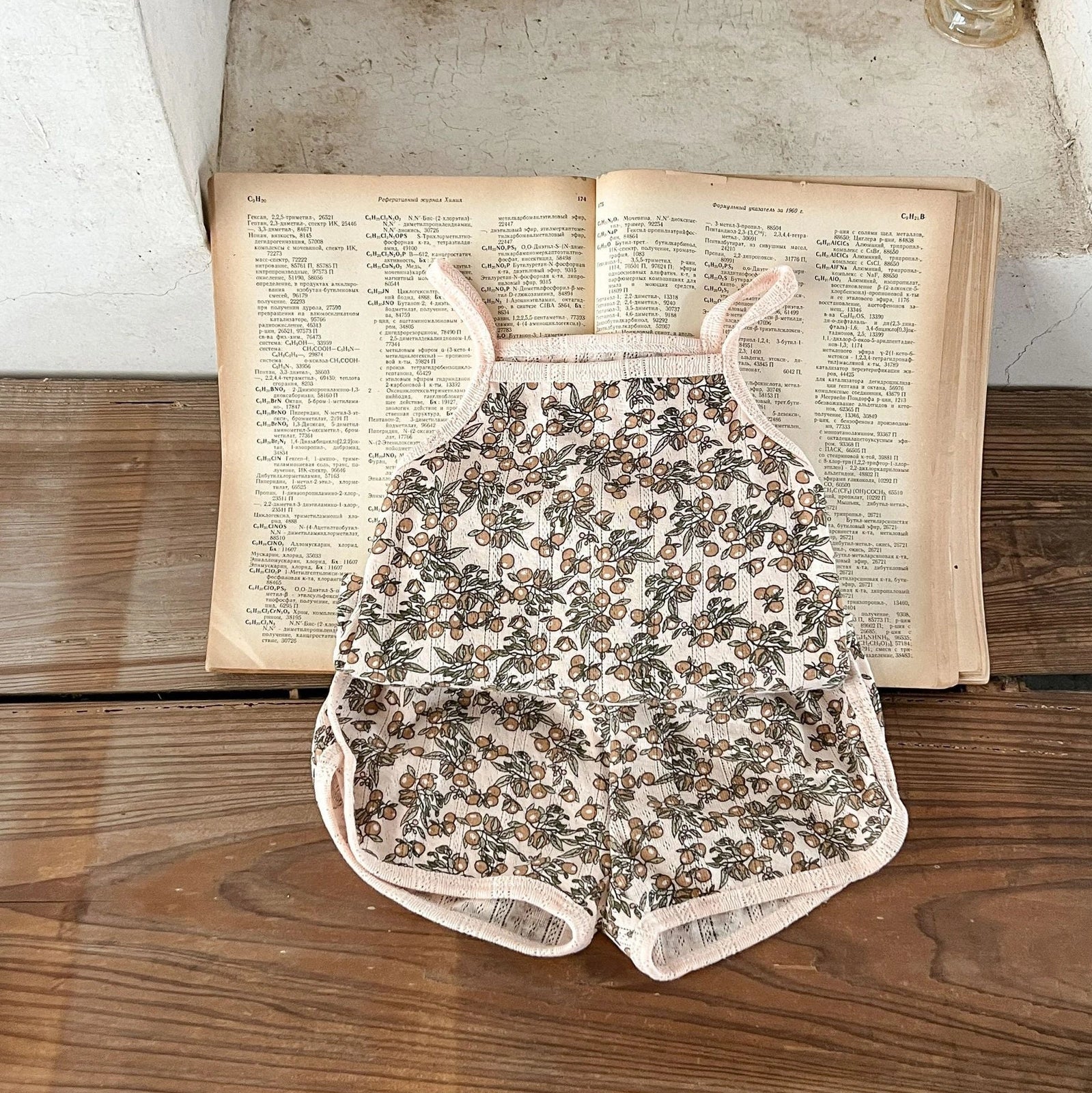 Children's cotton corduroy pajama set with cartoon print in olive, floral, lemon, or peach colours