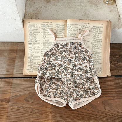 Children's cotton corduroy pajama set with cartoon print in olive, floral, lemon, or peach colours