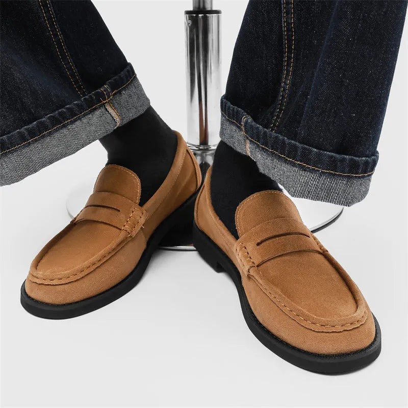 Men's slip-on casual shoes in apricot colour with microfiber upper and rubber sole.