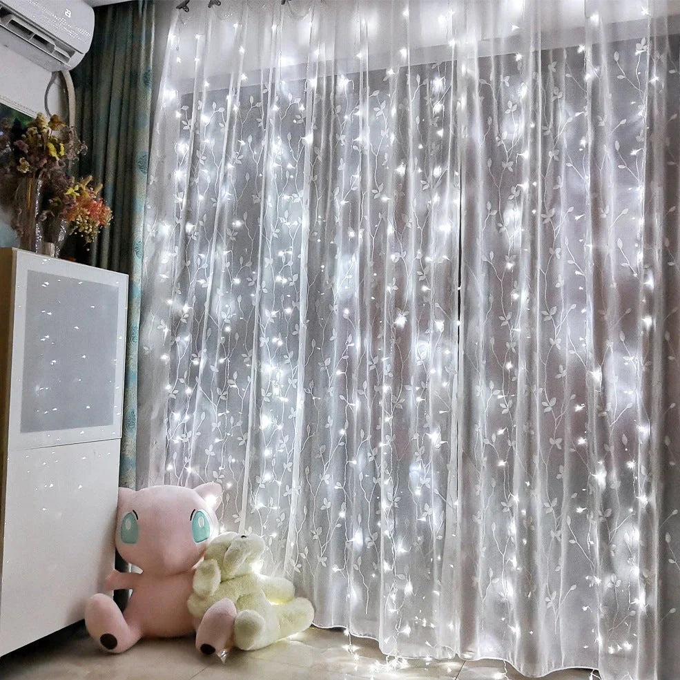 Sound control Christmas light curtain with USB cable and remote, showing multiple lighting modes on 3 metre wide design