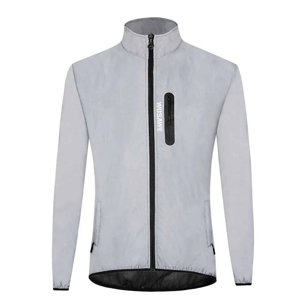 Waterproof polyester long sleeved top in BL220 silver colour showing front view and sizing details