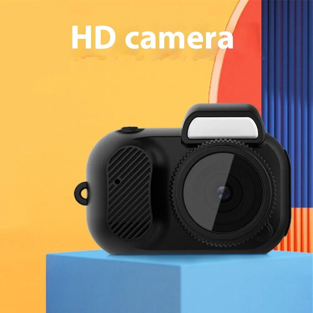 Black retro-style mini camera with display screen for 1080p HD video recording
