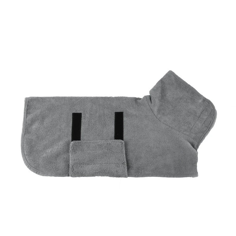 Absorbent dog bathrobe made of soft microfiber material with adjustable waist strap for a custom fit
