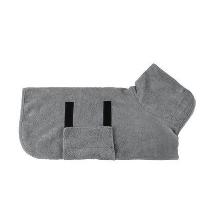 Absorbent dog bathrobe made of soft microfiber material with adjustable waist strap for a custom fit