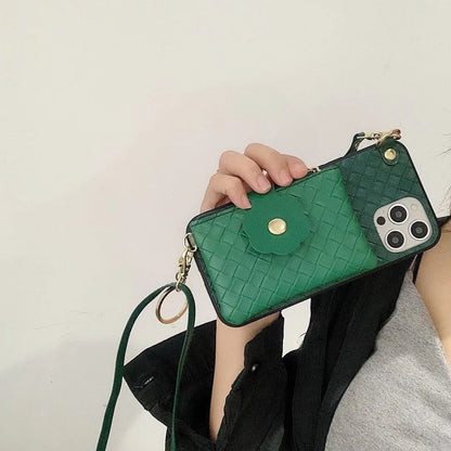 Braided lanyard iPhone case with coin purse in black or green, PU and TPU back cover, handmade
