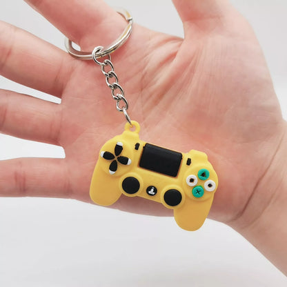 Simulation Toy Game Machine Car Keychain in blue, grey, yellow, and green