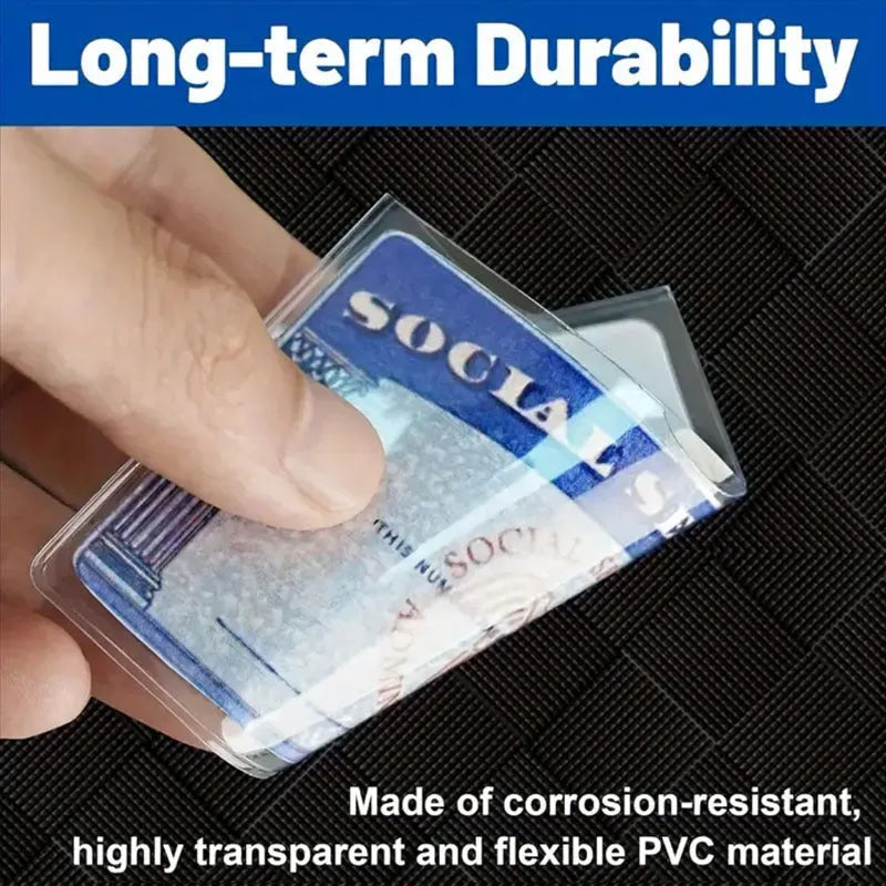 Clear PVC waterproof social security card holder showing size compared to a credit card.