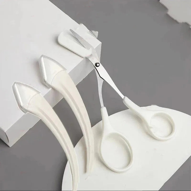White or pink eyebrow trimming knife with curved comb for eyebrow shaping and hair removal
