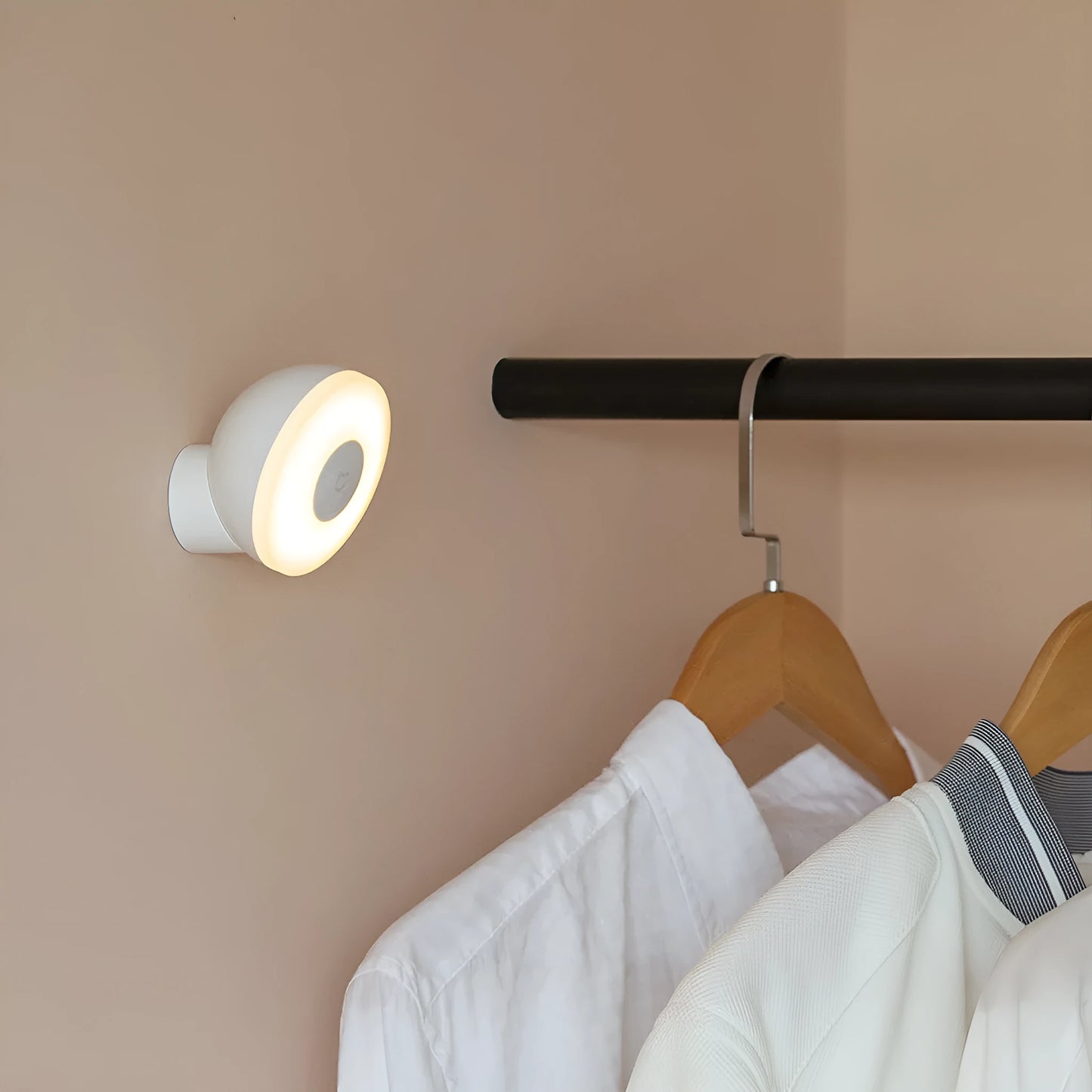 White modern bedside table lamp with human body sensor and Bluetooth connectivity, dimensions 94mm by 94mm by 71mm.
