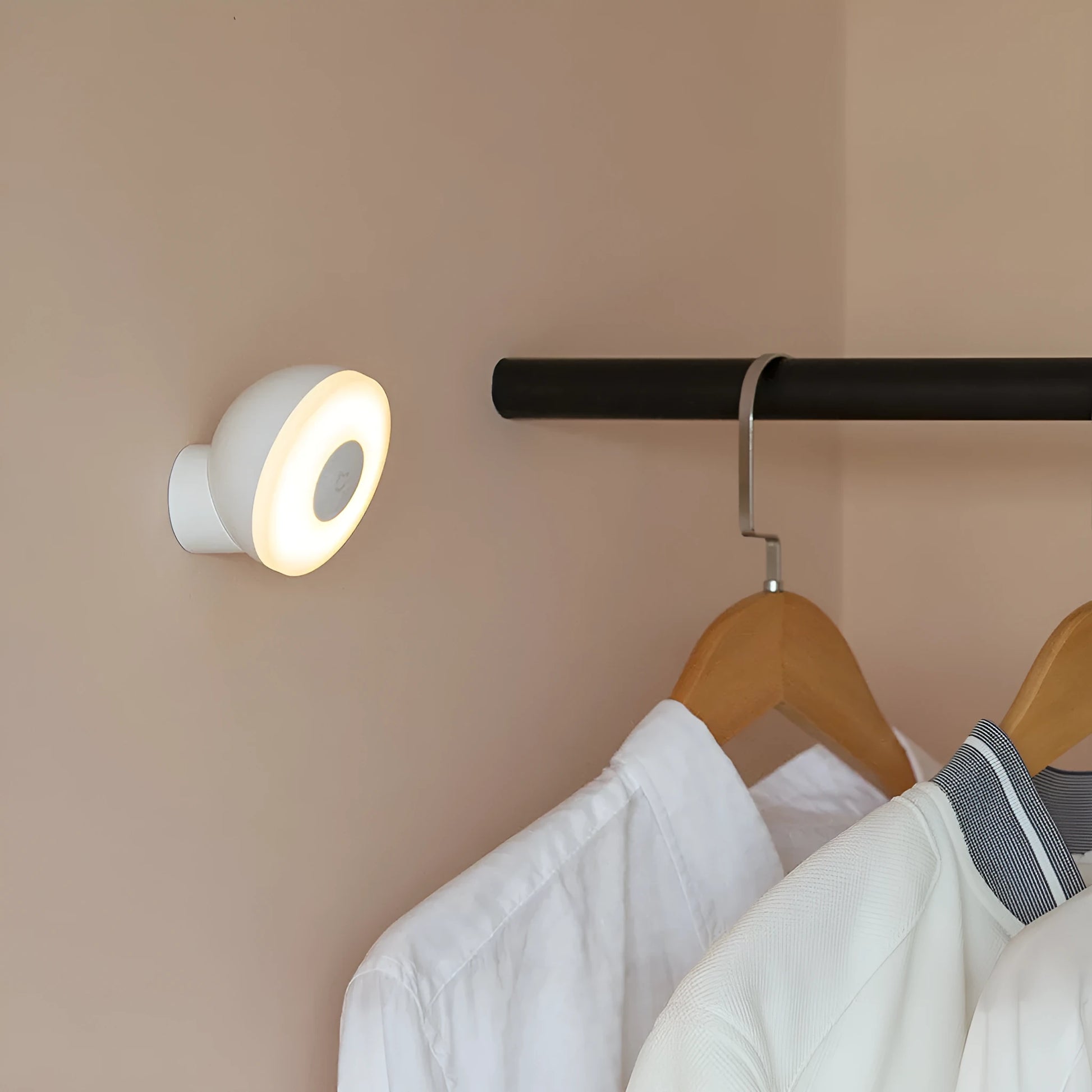 White modern bedside table lamp with human body sensor and Bluetooth connectivity, dimensions 94mm by 94mm by 71mm.