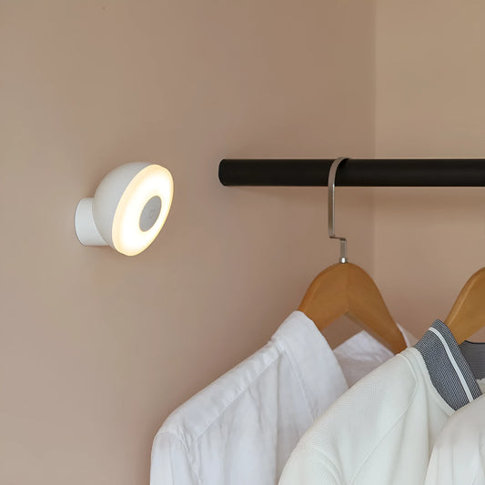 White modern bedside table lamp with human body sensor and Bluetooth connectivity, dimensions 94mm by 94mm by 71mm.