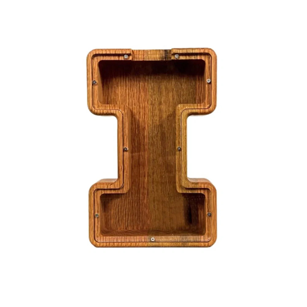 Handmade wooden letter piggy bank with personalised initial, showing 15cm height and 5cm coin slot for UK coins