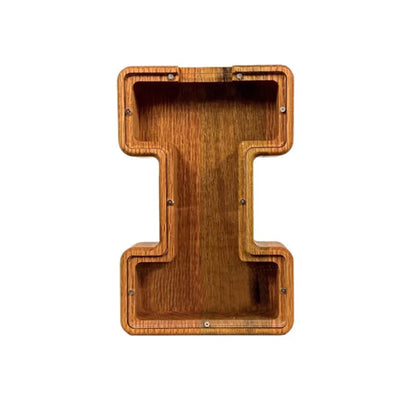 Handmade wooden letter piggy bank with personalised initial, showing 15cm height and 5cm coin slot for UK coins