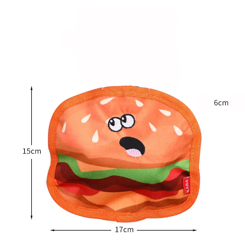 Food-themed crinkle and squeak dog toy in hamburger design for interactive play