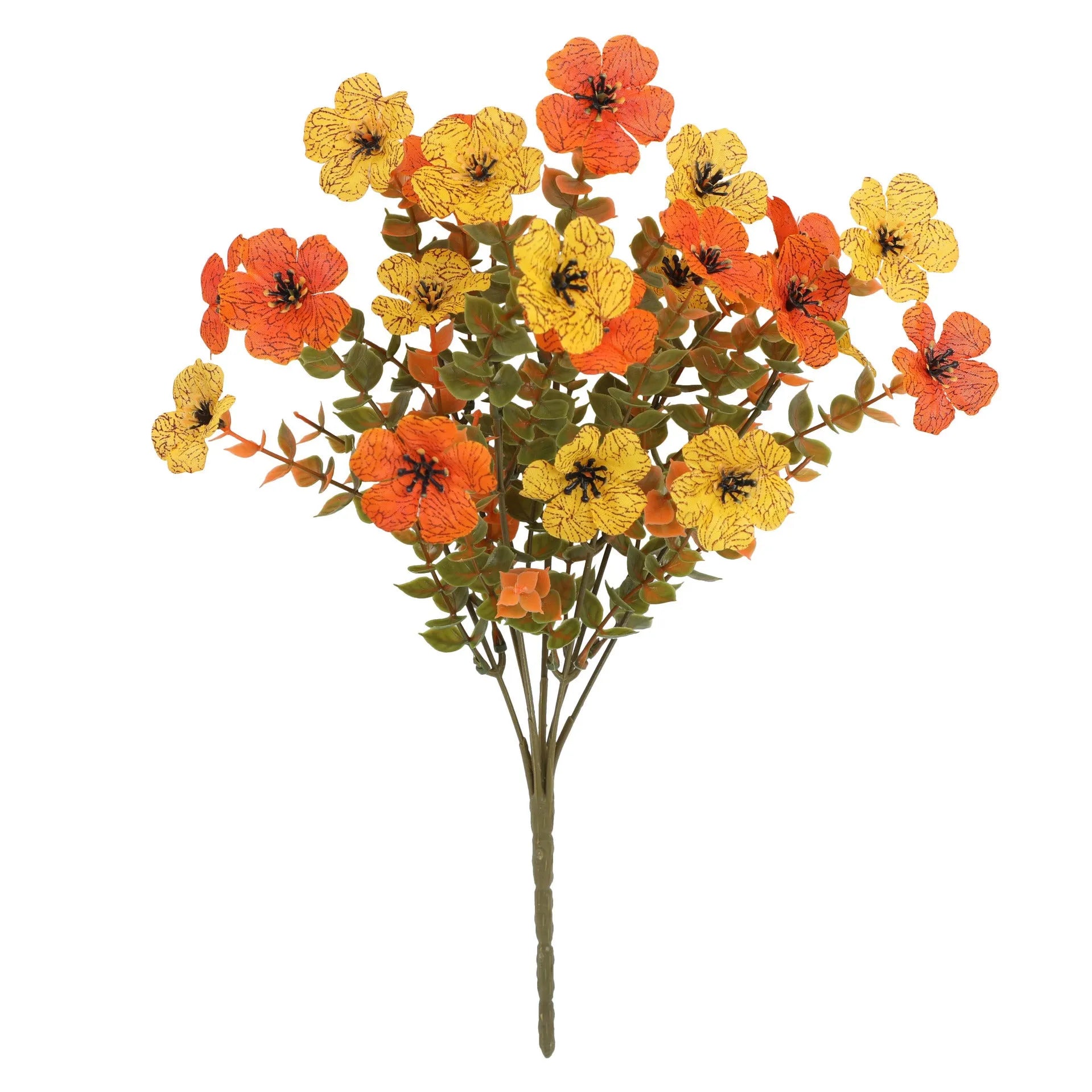 Autumn coloured artificial flower bouquet with plastic and silk flowers for decoration.