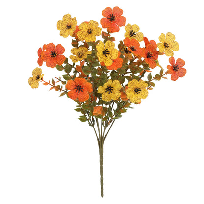 Autumn coloured artificial flower bouquet with plastic and silk flowers for decoration.
