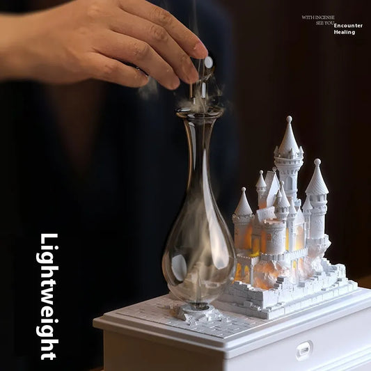 White medieval castle aromatherapy machine measuring 188x124x210mm with ambient lighting and waterless fragrance technology