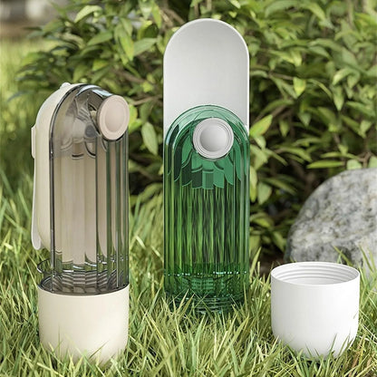 Beige or green foldable dog water bottle with food container, measuring 21.5cm height