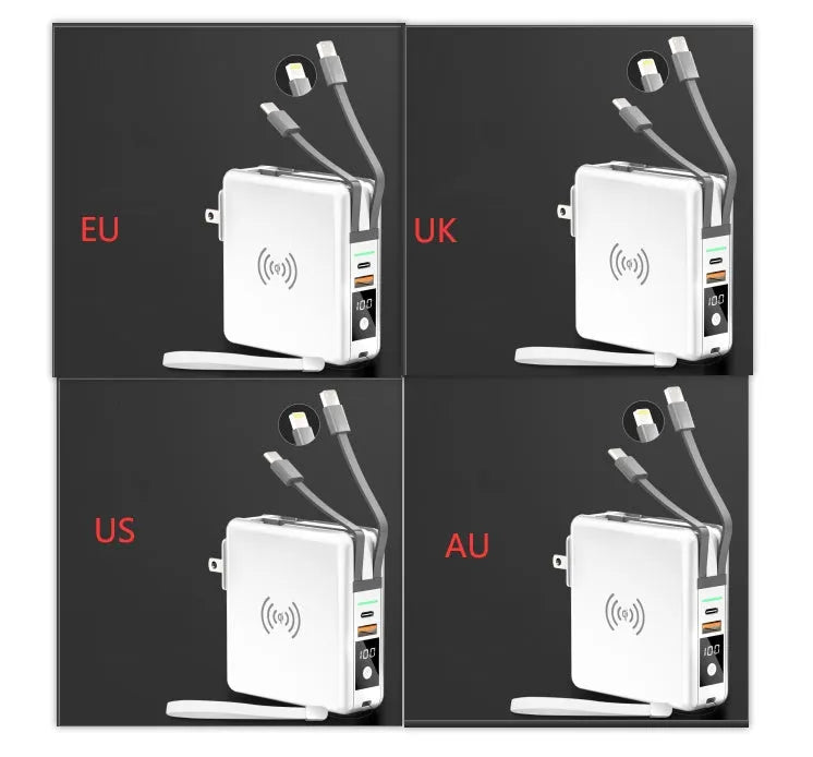 Super QI Wireless Charging Treasure PD20W Fast Power Bank showing integrated plug design and wireless charging surface