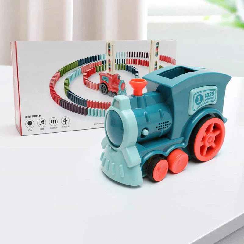 Automatic Domino-Building Train Toy with Mesmerizing Domino Display and Steering Mechanism