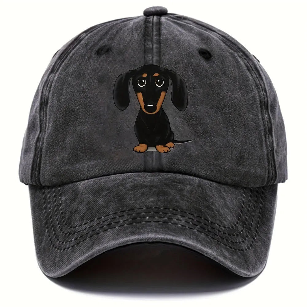 Retro washed cotton baseball cap with Dachshund embroidery, dome crown, and adjustable size tab.