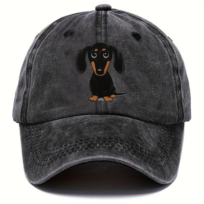 Retro washed cotton baseball cap with Dachshund embroidery, dome crown, and adjustable size tab.