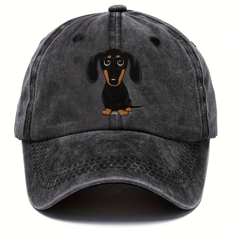 Baseball cap with retro washed finish and Dachshund embroidery, adjustable M size 56-58cm, dome crown cotton peaked cap for sun protection and breathable outdoor wear