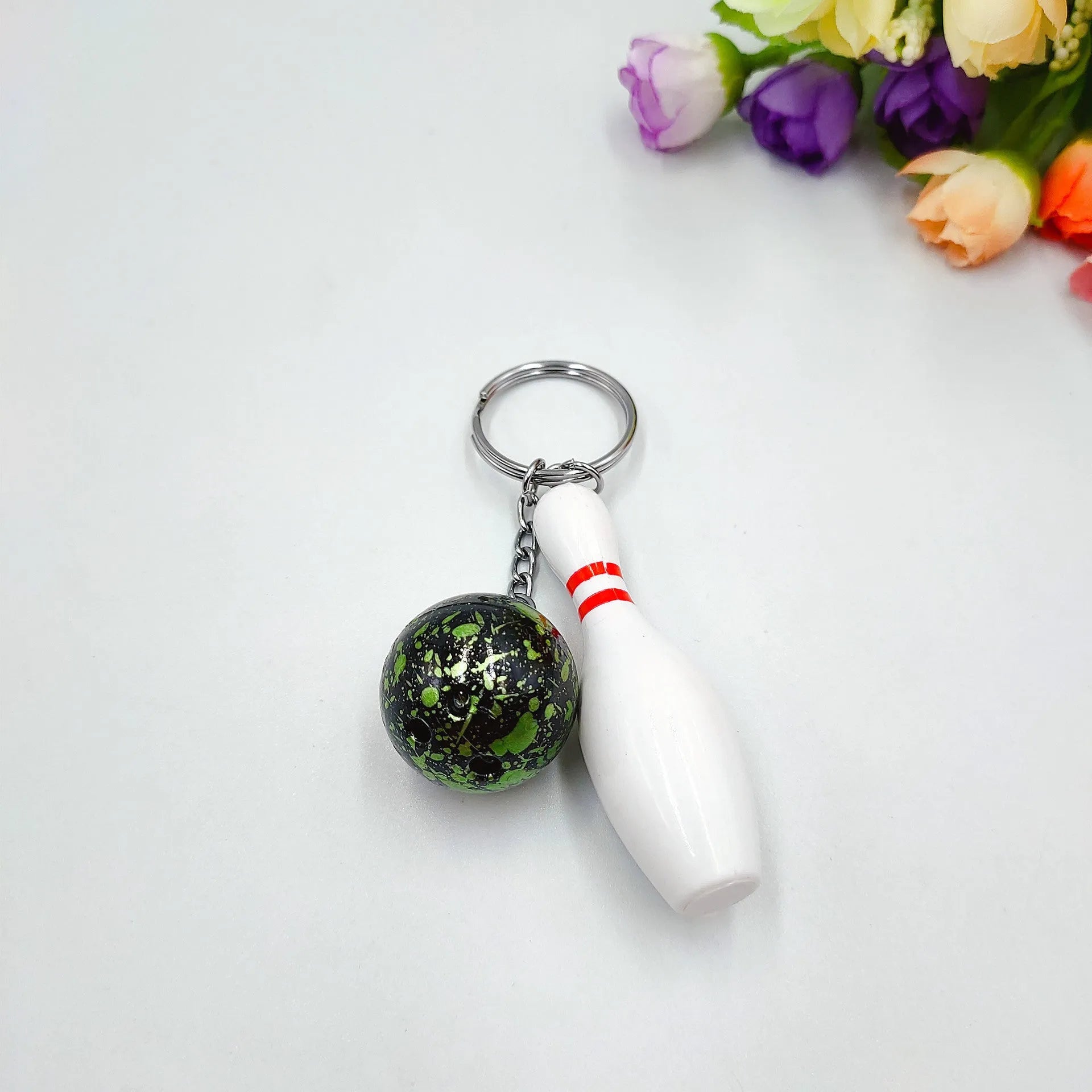 Mini simulation sports bowling pin keychain pendant in blue PVC metal